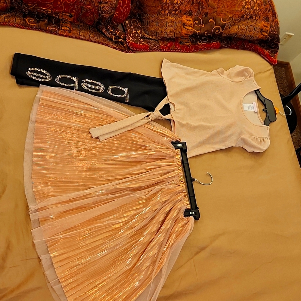 Size 14(girls) Cute outfit. Shimmering Rose Gold shirt, skirt, & Bebe leggings